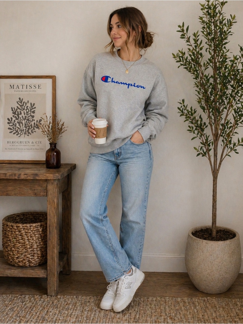 Champion Crewneck Sweatshirt in Gray with Blue & Red Logo